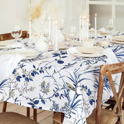 Retro Blue Bird Flowers Waterproof Tablecloth Holiday Party Decor Navy Blue Floral Leaf Rectangle Table Cloth Dining Table Decor