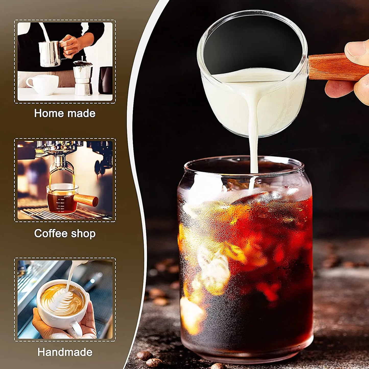 50/75/100/140ml Glass Espresso Measuring Cup With Wooden Handle Double/Single Mouth Milk Jug Kitchen Sauce Dish Home Coffee Ware