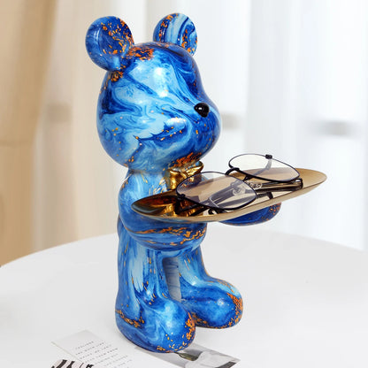 Decorative Statues Home Bear Bulter with Metal Tray Holder Colorful Animal Sculpture Ornaments Interior Table Decoration Key Box