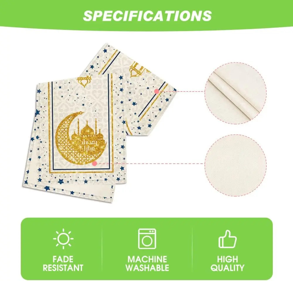 Ramadan White Moon Star Golden Linen Table Runner Holiday Party Decor Seasonal Spring Kitchen Dining Table Runners Table Decor
