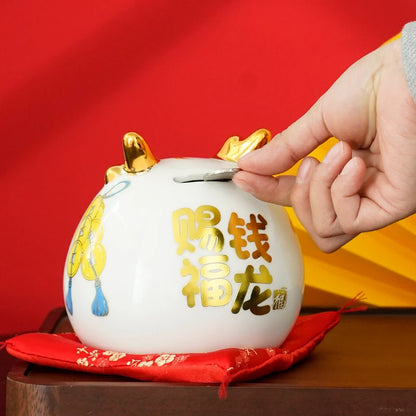 5 Inch Ceramic Dragon Money Box Maneki Neko Ornament Home Decoration Mascot Gold Dragon Figurine with Gift Box