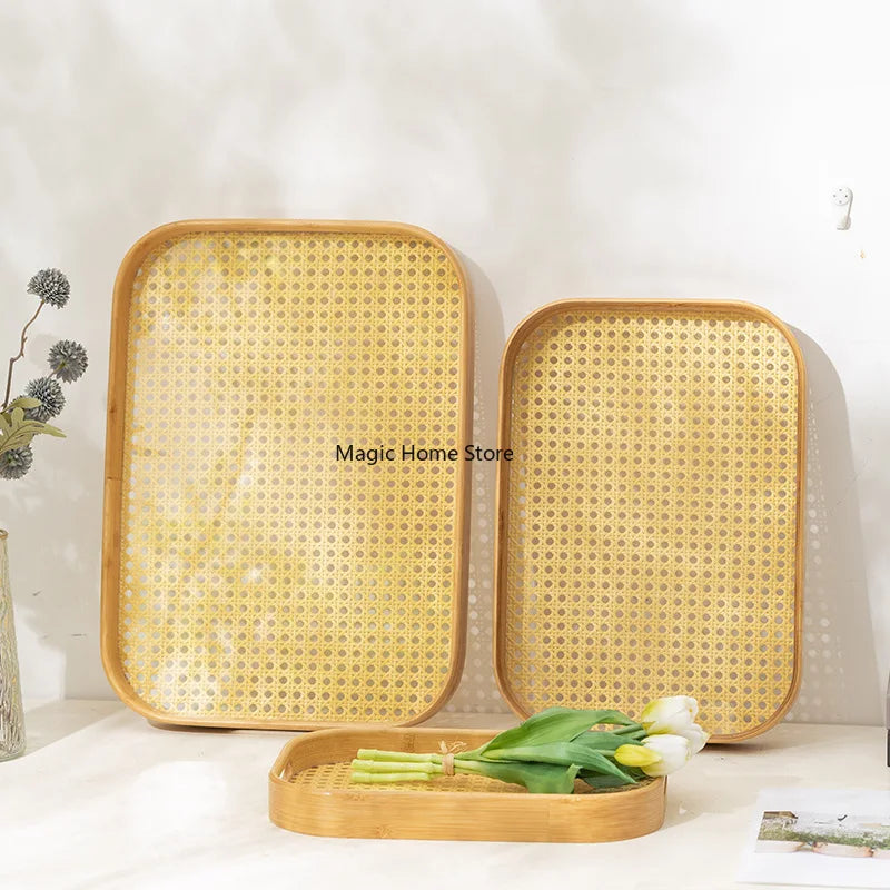 Rattan Bamboo Serving Tray with Handles Decorative Food Serving Trays Basket Serving Tray for Ottoman Coffee Table Kitchen Couch