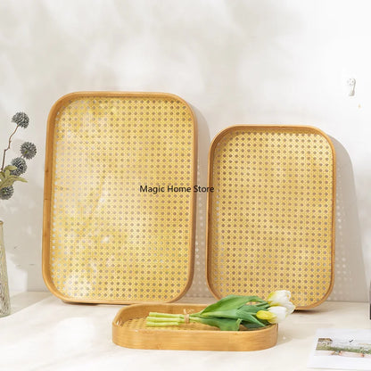 Rattan Bamboo Serving Tray with Handles Decorative Food Serving Trays Basket Serving Tray for Ottoman Coffee Table Kitchen Couch