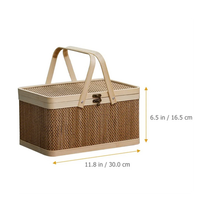 Bamboo Basket Natural -Friendly Woven Basket Bamboo Picnic Basket with Lid Handheld Snacks Bread Storage Basket