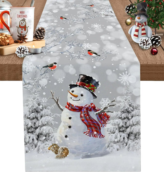 Christmas Snowman Snowflake Bird Xmas Tree Linen Table Runner Winter Xmas Holiday Kitchen Party Decor Christmas Decorations 2025
