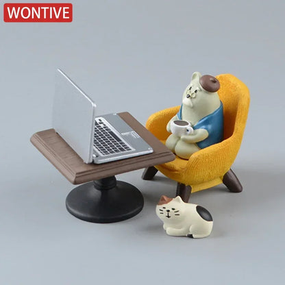 Cartoon Cat Frog Bear Yellow Chair Computer Office Model Mini Action Figures Resin Home Decor Accessories Desktop Figurine Toys