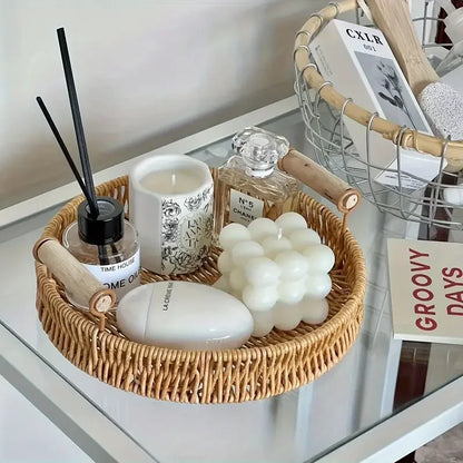 1/3 Piece Hand Woven Imitation Rattan Round Storage Tray Wooden Vintage Imitation Rattan Fruit Basket Snack Tray Storage Tray