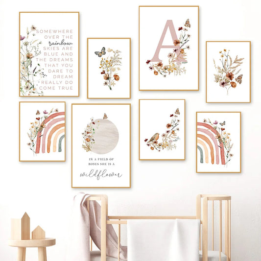 Flowers Butterfly Rainbow Moon Custom Girl Name Wall Art Canvas Painting Nordic Posters And Prints Pictures Baby Kids Room Decor