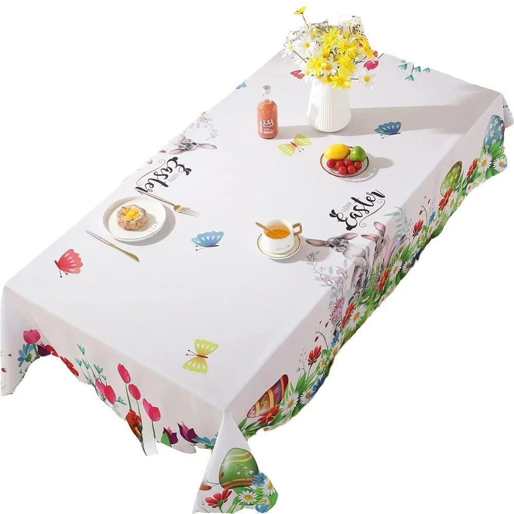 Easter Tablecloth Rectangle Table Washable Spring Table Cover Printed with Colorful Easter Eggs Bunnies Dining Table Party Decor