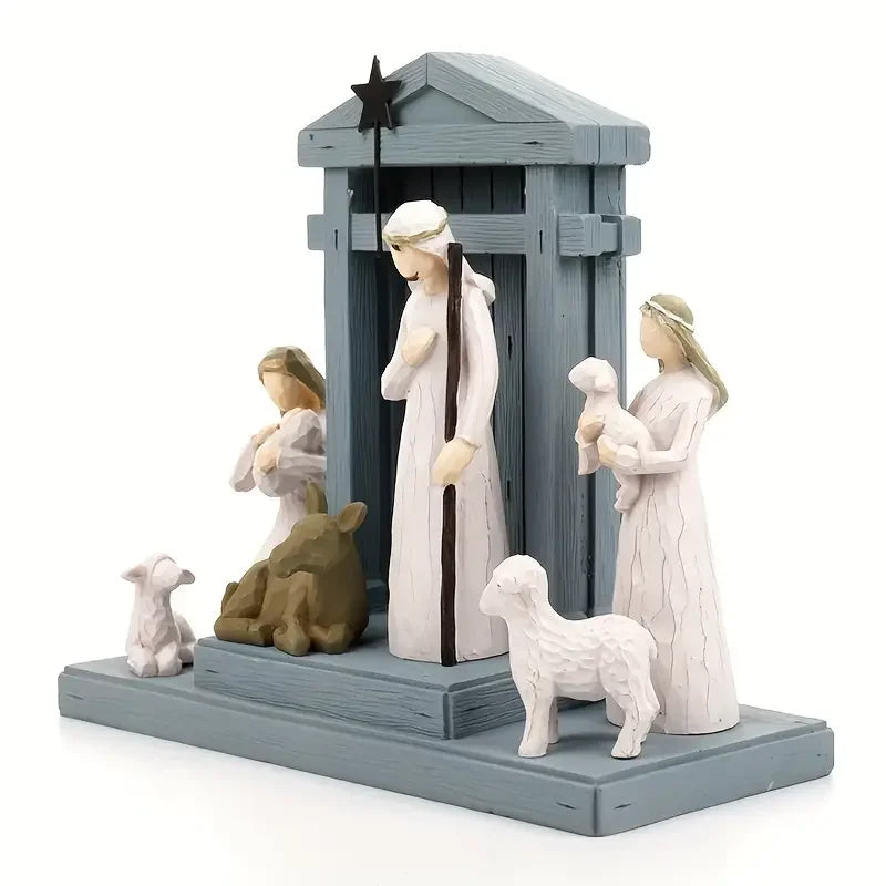 7-teiliges Krippen-Geburtshaus-Set, handgezeichnete Weidenbaumfiguren-Statuen, Glaube, Jahrestag, Erntedankfest, Weihnachten