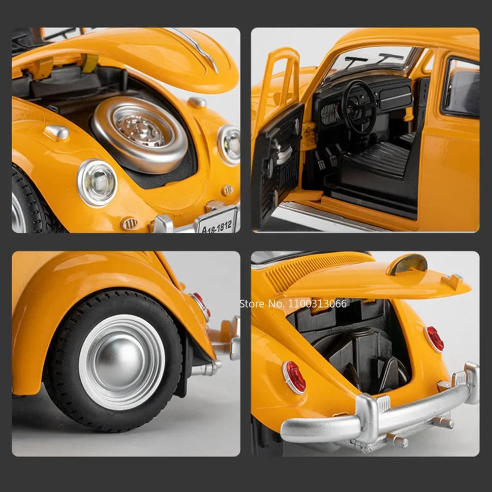 1:18 Scale Beetle 1955 Models Cars Alloy Diecast Toys Light Music Car Rubber Tires Pull Back Vehicles for Kids Collection Gifts