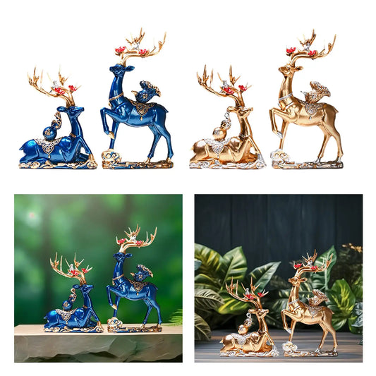 2Pcs Elk Resin Statue Decoration Reindeer Sculpture Deer Figurine Creative Fuxi Deer Modern High-End Furniture Cabinet Decor