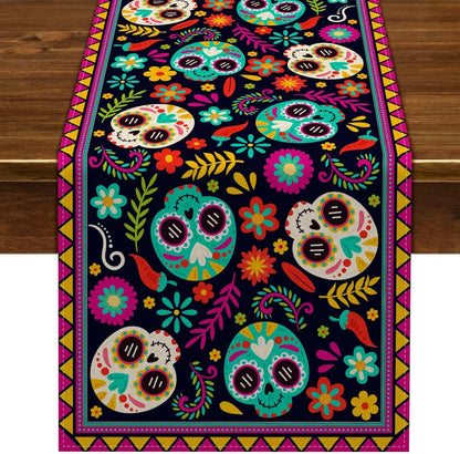 Mexican Day of The Dead Sugar Skull Linen Table Runners Mexico Fiesta Dia De Los Muertos Home Decor Halloween Theme Party Decor