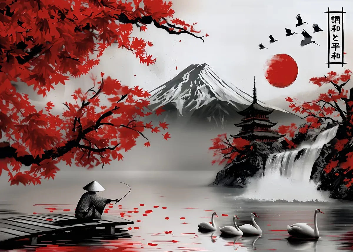 Japanese Landscape Ink Painting Poster Mountain Cherry Blossom Flowers Samurai Dragon Koi Canvas Picture Wall Art Home Decor