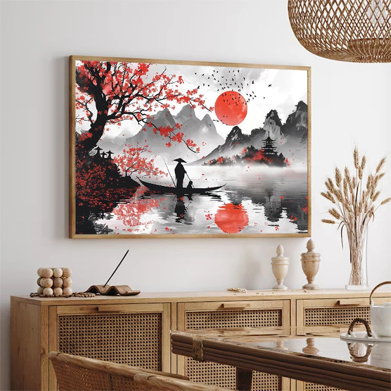 Japanese Landscape Ink Painting Poster Mountain Cherry Blossom Flowers Samurai Dragon Koi Canvas Picture Wall Art Home Decor