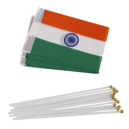 India Stick Flags, 8x5 inch Handheld Mini Indian Flag with 12 Pole - color and Fade Resistant (1 Dozen / 12pcs)