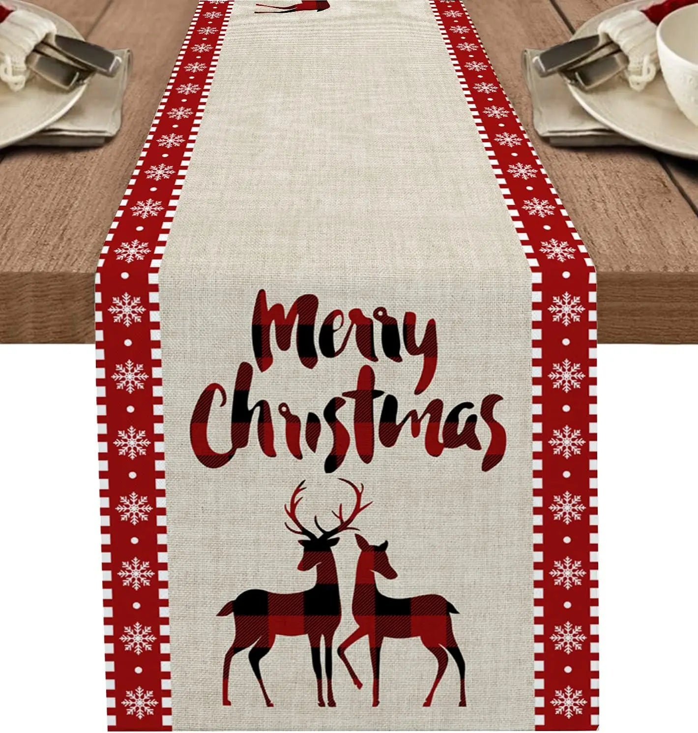 Christmas Elk Deer Snowflake Linen Table Runner Table Decor Winter Xmas Reindeer Plaid Dining Table Runners Christmas Decoration