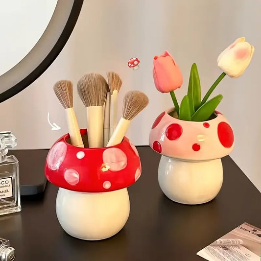 Cute Mushroom Ceramic Pen Container Series Suitable Makeup Brushescontainer Office Supplies Desktop Creative Decoration