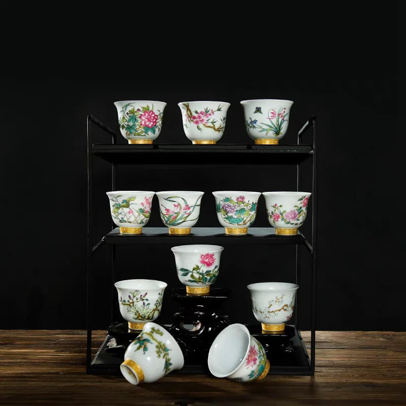 Kung Fu Tea Cup Twelve Flower Gods Set Enamel Pastel Ceramics 12 Pieces Gift Box Host’s Ceramics & Pottery Chinese Teaware Bar