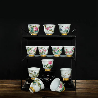 Kung Fu Tea Cup Twelve Flower Gods Set Enamel Pastel Ceramics 12 Pieces Gift Box Host’s Ceramics & Pottery Chinese Teaware Bar