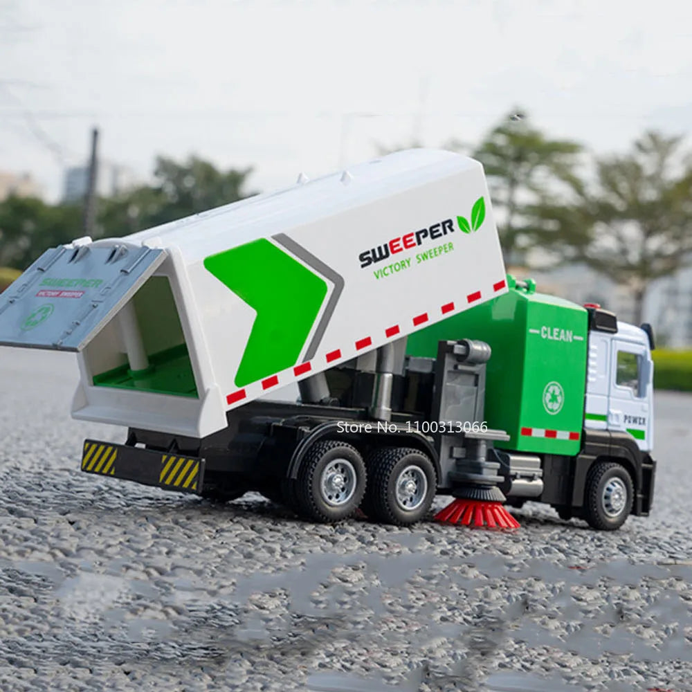 1:32 Urban Sweeping Trucks Toys Models Cars Doors Opened Pull Back Anti Haze Truck Miniature Sanitation Vehicles for Child Gifts