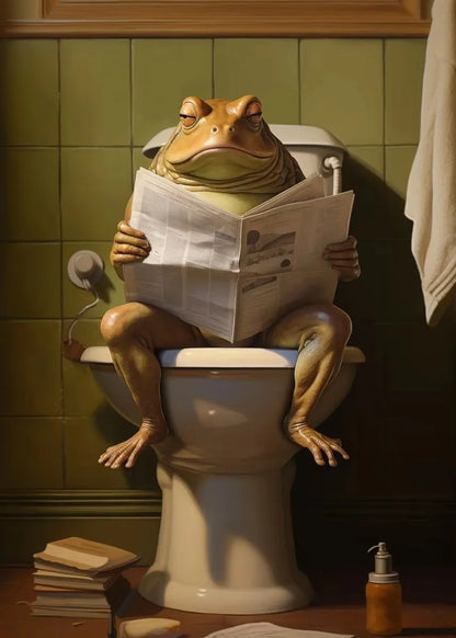 Highland Cow Sheep Mouse Sitting on The Toilet Reading Newspaper Poster Animal Print Canvas Painting Funny Bathroom Wall Decor