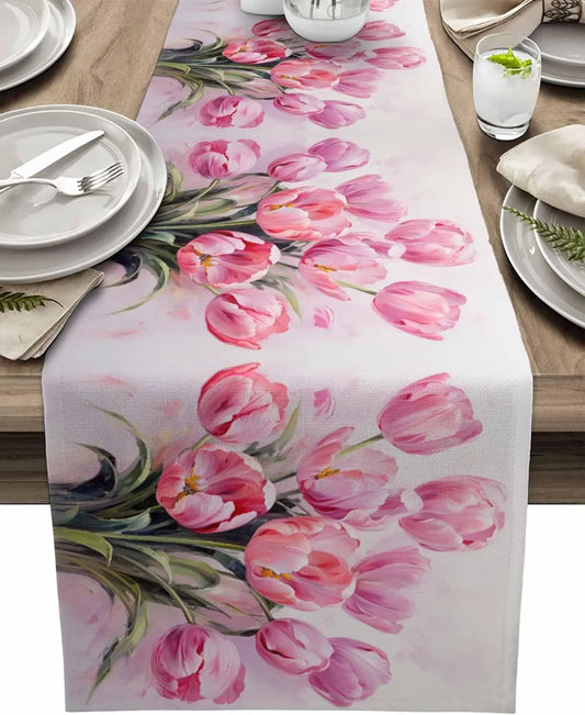 Happy Easter Watercolor Tulip Linen Table Runner Wedding Party Decor Spring Plants Pink Flowers Table Runners Dining Table Decor