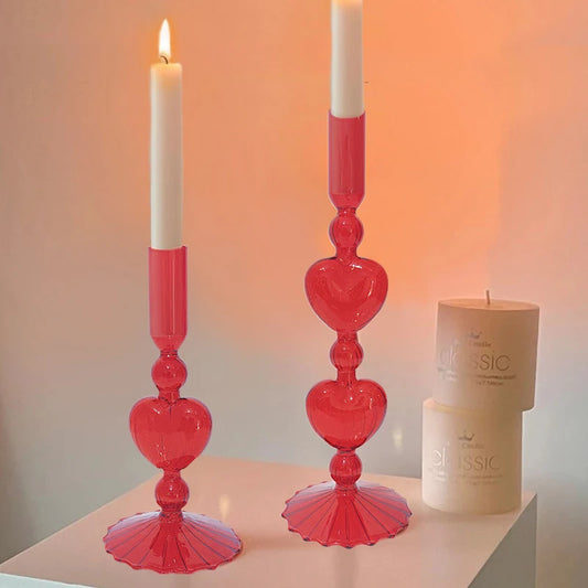 Retro Taper Candle Holders Red Heart Shape Glass Candlesticks Wedding Table Decoration Home Party Glass Vase Decor