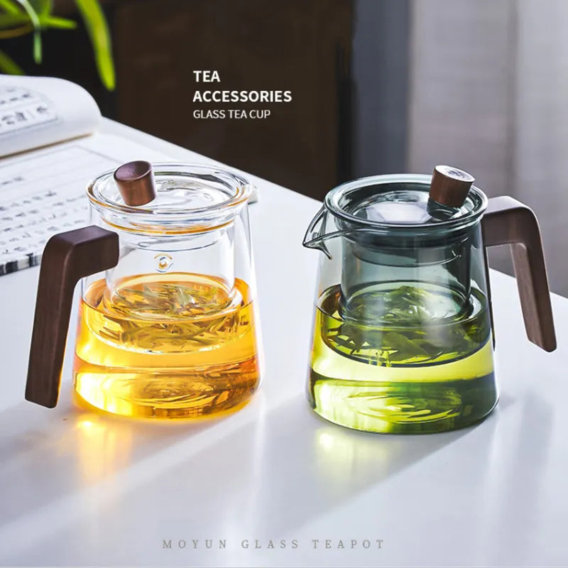 GIANXI – théière en verre rétro avec manche en bois, ensemble de vêtements de thé transparents pour cérémonie du thé chinois, filtre de tasse, Pot en silicone à haute teneur en bore 530ML