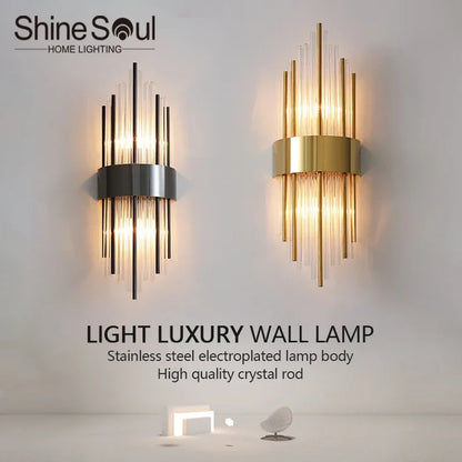 Nordic Luxury Crystal Wall Lamp Stainless Steel Black Gold LED Wall Light Living Room Stairs Bedroom Bedside Room Decor Fixture