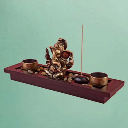 Hindu God Lord Ganesha Statue Wooden Tray with Candle Holder Blessing Ganesh