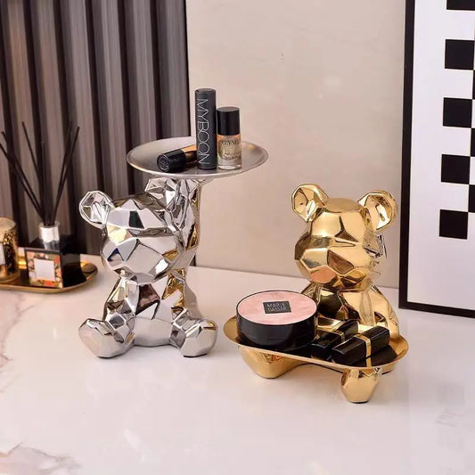 Ceramic Geometric Bear Ornament Coin Bank Home Living Room Desktop Remote Control Key Storage Tray Decorative Statue Gift