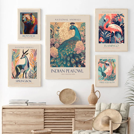 Funny Jungle Animals Posters Bear Sloth Peacock Flamingo Deer Canvas Painting Nordic Wall Pictures for Living Room Home Decor