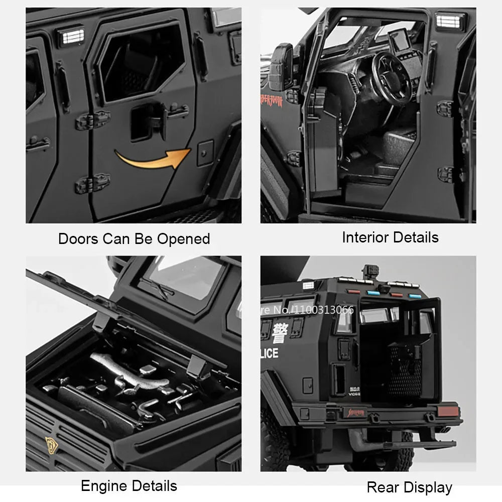 1:32 Sabertooth Models Police Cars Toys 6 Doors Opened Off-road Vehicles Light Sound Miniature Armored Car Boys Collection Gifts