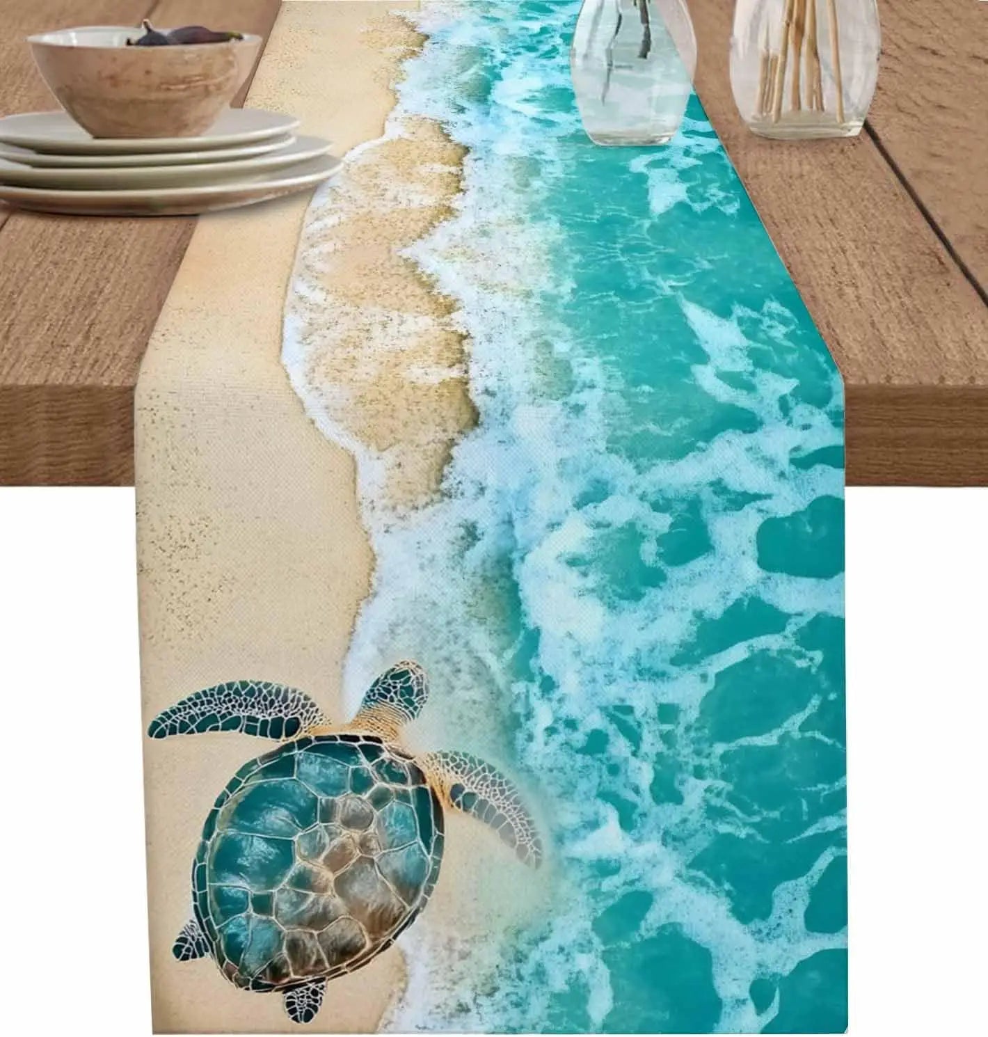 Turquoise Sea Turtle Beach Wave Linen Table Runner Holiday Party Decor Summer Ocean Turtle Table Runners for Kitchen Table Decor