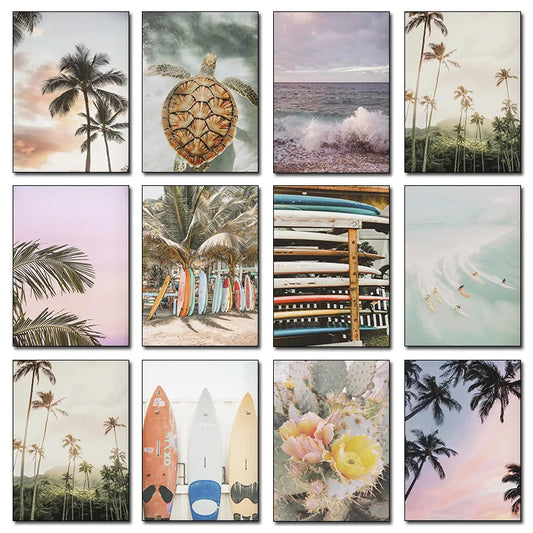 Tropical Summer Beach Shell Palm Tree Surfboard Poster Print Nordic Canvas Printing Wall Art Picture for Surfing Club Home Decor