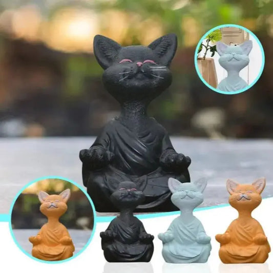 Statues de chat noir fantaisistes, décoration de bouddha, méditation, Yoga, chat heureux, Sculptures artistiques, Figurines de chat de jardin Zen en plein air