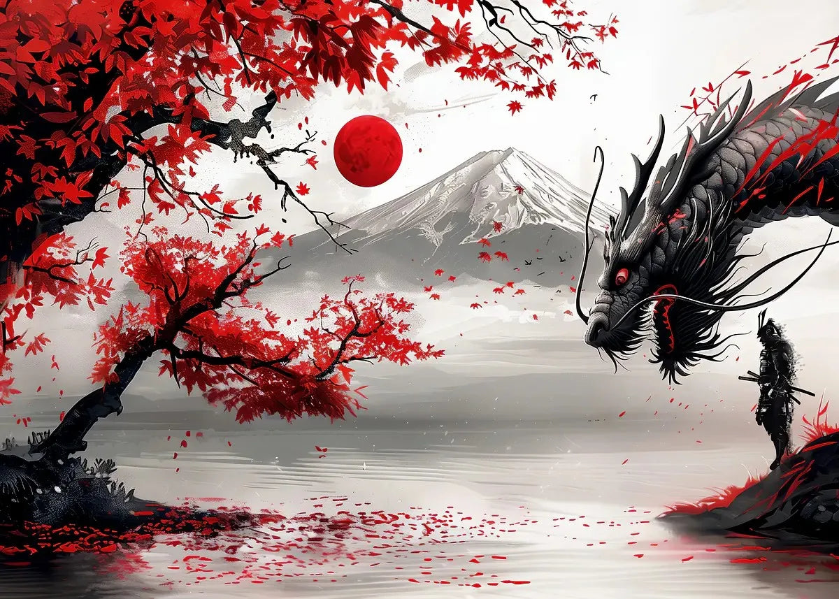 Japanese Landscape Ink Painting Poster Mountain Cherry Blossom Flowers Samurai Dragon Koi Canvas Picture Wall Art Home Decor