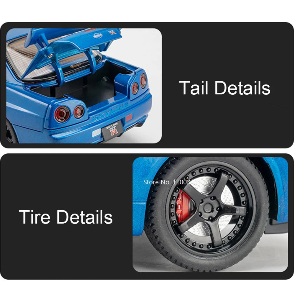 1/24 Scale Nissan Skyline GTRR34 Models Cars Alloy Diecast Toys Rubber Tires Vehicle 4 Doors Opened Toy Car for Kids Best Gifts