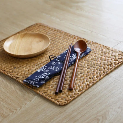 Natural Seagrass Place MatHand-Woven Rectangular Rattan Placemats Straw Tea Cup Mat Potholder Kitchen Tableware Accessories