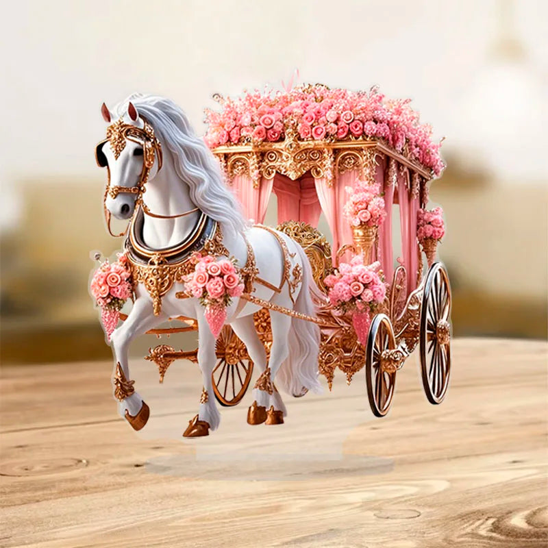 1pc Boho Style Acrylic White Horse Carriage Statue Multipurpose Tabletop Decor for Home Office Garden Romance Display Sculpture