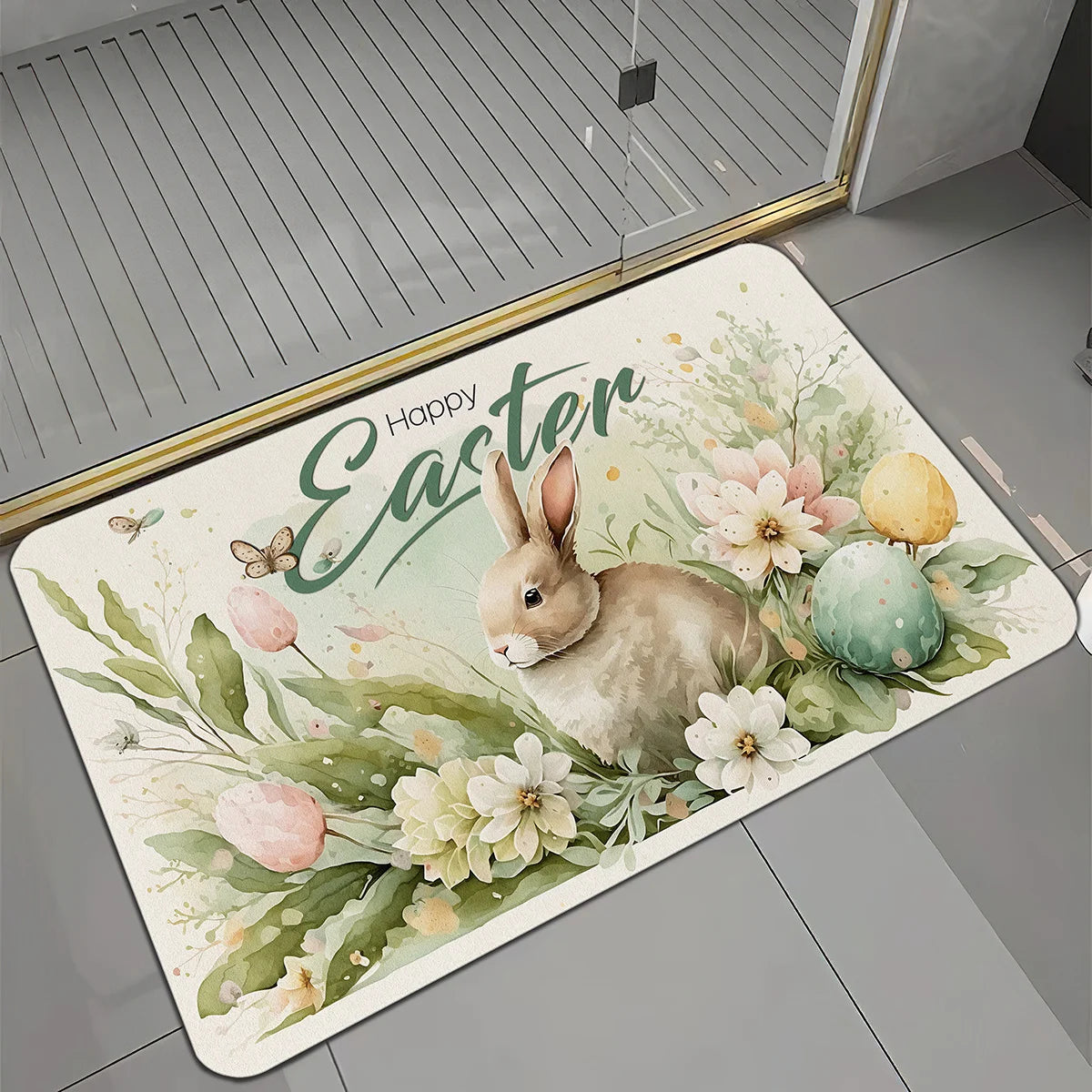 Easter Bunny Kitchen Mat Home Decor Spring Flowers Bedroom Bathroom Non-slip Floormat Balcony Hallway Toilet Entrance Door Mat