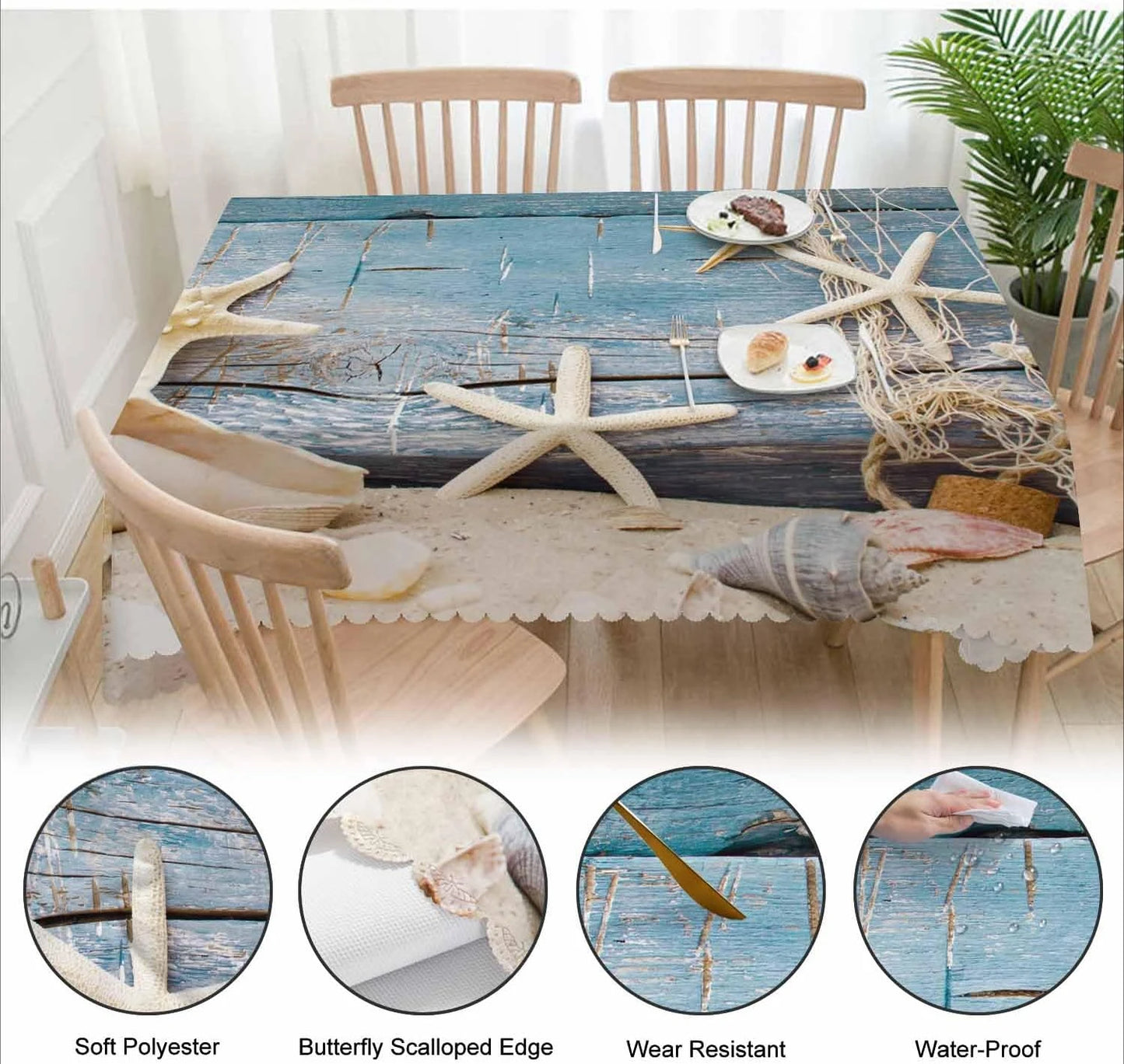 Beach Starfish Seashell Fishnet Rectangle Tablecloth Party Decor Rustic Wood Grain Waterproof Table Cloth for Dining Table Decor