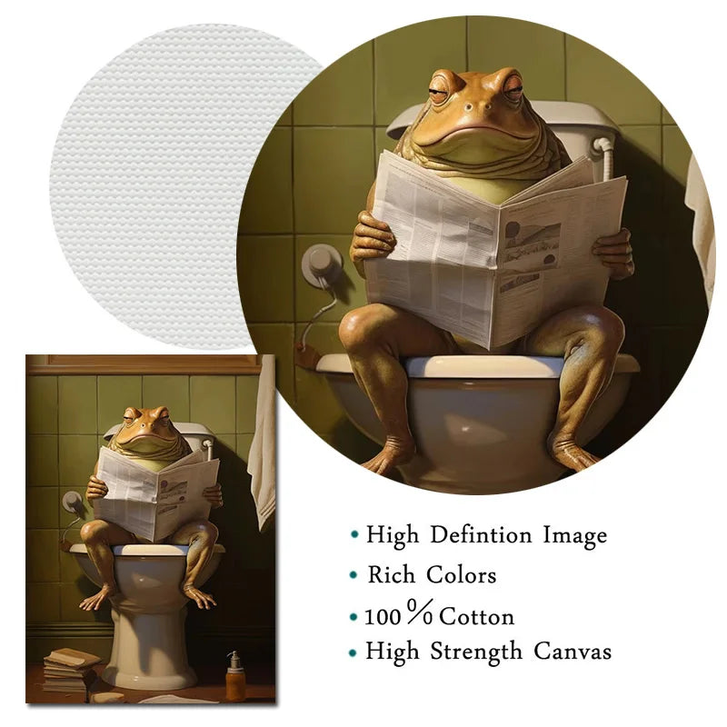 Highland Cow Sheep Mouse Sitting on The Toilet Reading Newspaper Poster Animal Print Canvas Painting Funny Bathroom Wall Decor