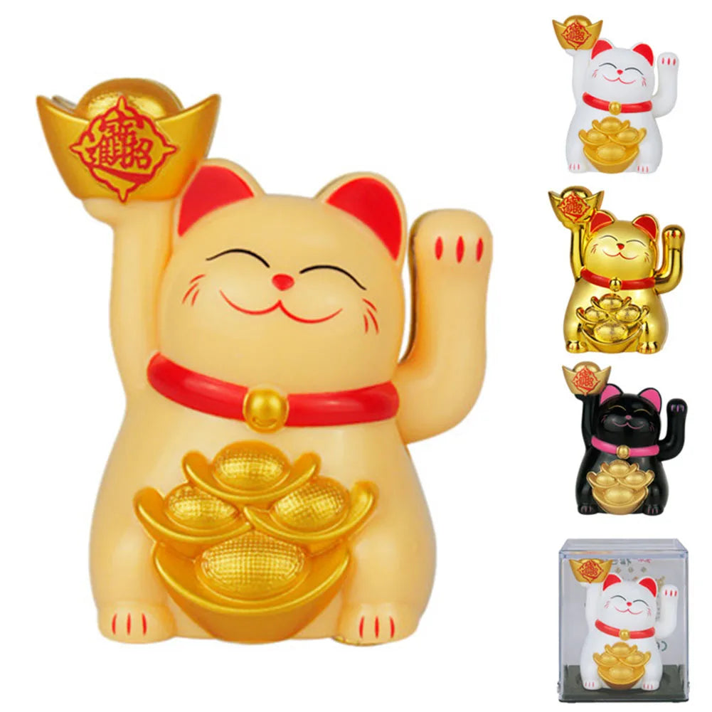 Solar Powered Maneki Neko Lucky Cat Welcoming Chinese Lucky Cat Waving Hand Beckoning Fortune Cat Figurines For Home Decor