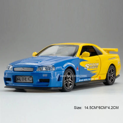 1:32 Mitsubishi EVO GTR R34 Cars Toys Alloy Diecast Models Wheel Steering Miniature Car Doors Opened Vehicles Child Adult Gifts