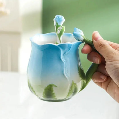 3D Rose Blume Kaffeetasse Keramik Kaffeetassen Niedliche ästhetische Wasserbecher mit Löffel Sommer Winter Trinkgeschirr Valentinstag Geschenke