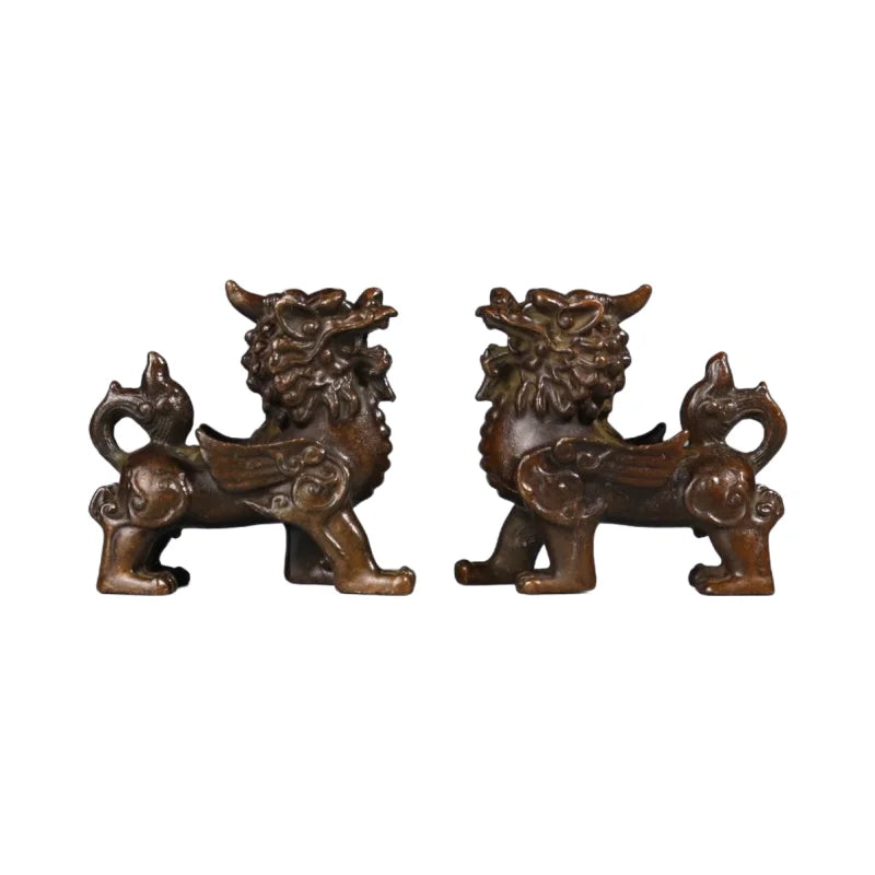 2PCS Retro Copper Kirin Pair of Pixiu Lucky Living Room Ornaments Town House Feng Shui Desktop Ornaments Art Figurine Decoration