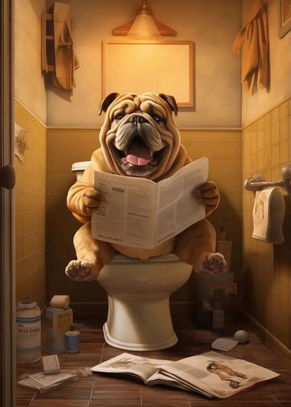 Highland Cow Sheep Mouse Sitting on The Toilet Reading Newspaper Poster Animal Print Canvas Painting Funny Bathroom Wall Decor