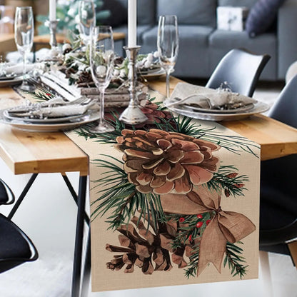 Christmas  Pine Cone Pine Needle Branch Berry Linen Table Runner for Table Decor Winter Xmas Table Runners Christmas Decorations